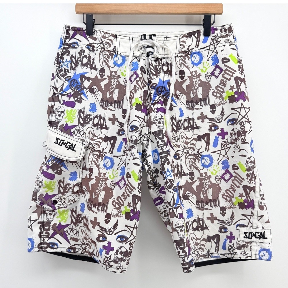 So-Cal Board Shorts Mens 32x12 White‎ Graffiti Skulls Uncle Sam Punk Pockets Y2K